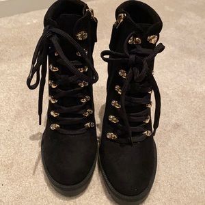 JLo lace up black suede ankle boots